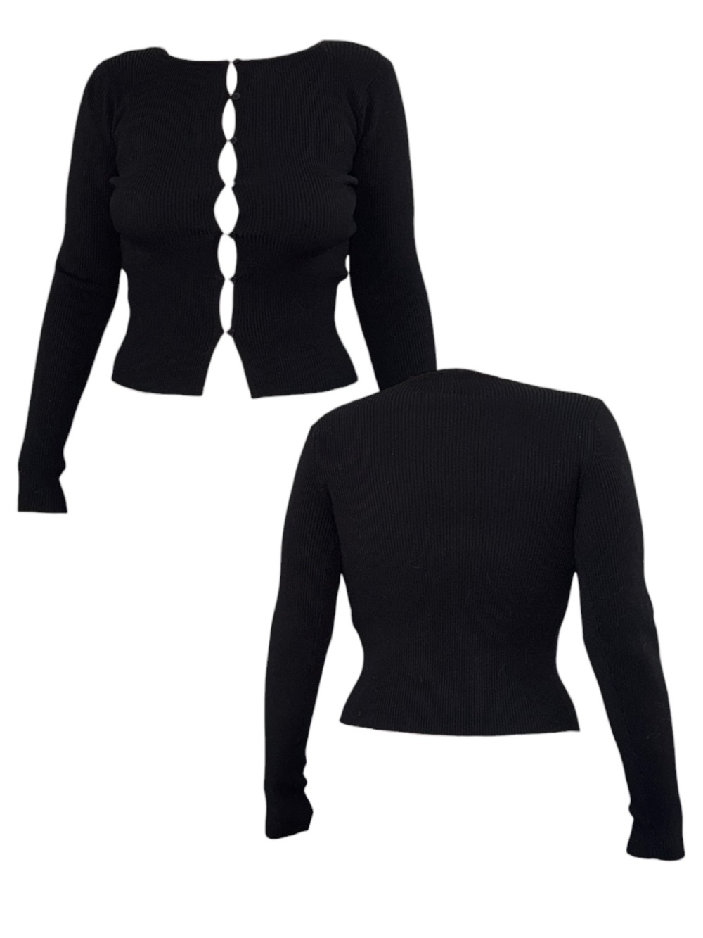 Black Ribbed Button-Front Crop Cardigan